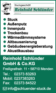 Banner mit Kontaktdaten und Leistungsübersicht der Reinhold Schlünder GmbH & Co. KG, Stuckateurbetrieb in Menden.