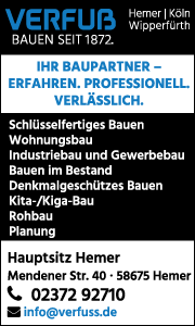 Banner mit Kontaktdaten und Leistungsinformationen der Verfuß GmbH aus Hemer, spezialisiert auf Bau- und Renovierungsarbeiten.