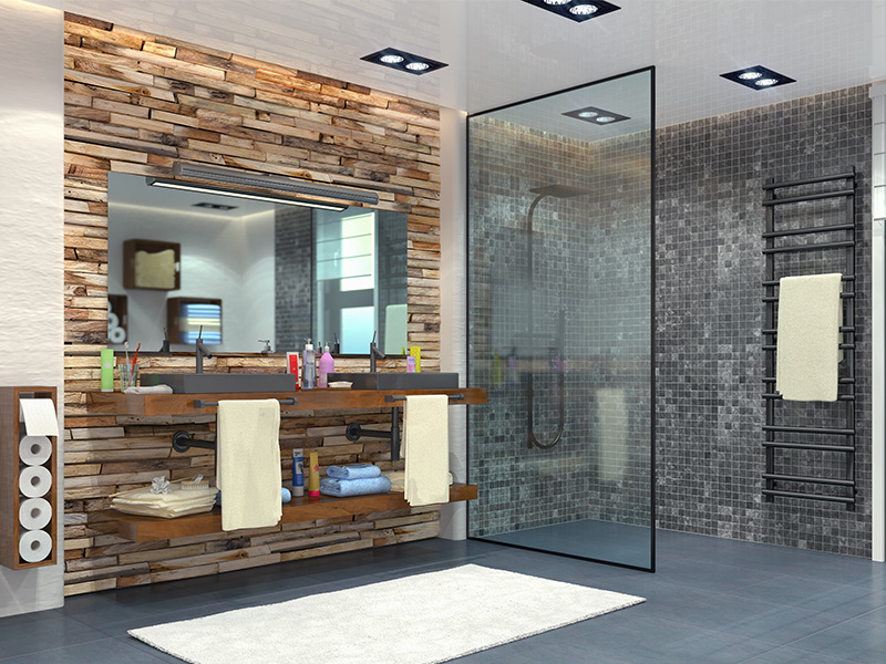 3D-Illustration eines barrierefreien Badezimmers mit bodengleicher Dusche, WC und zwei Waschbecken.