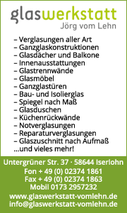 Banner der Glaswerkstatt vom Lehn in Iserlohn mit Kontaktdaten, Leistungsinfos und modernen Glaslösungen für Badezimmer und Fenster.