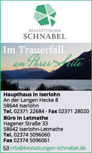 Werbebanner Bestattungen Schnabel Iserlohn mit Kontaktdaten, Leistungen wie Feuer- und Erdbestattung, Trauerfeiern und persönliche Beratung