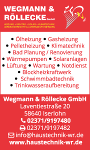 Banner von Wegmann & Röllecke GmbH in Iserlohn mit Leistungen und Kontaktdaten für Haustechnik und Badsanierung.