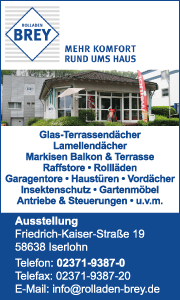 Banner von Rolladen Brey in Iserlohn mit Informationen zu Markisen, Rollläden, Sonnenschutzlösungen und weiteren Leistungen.
